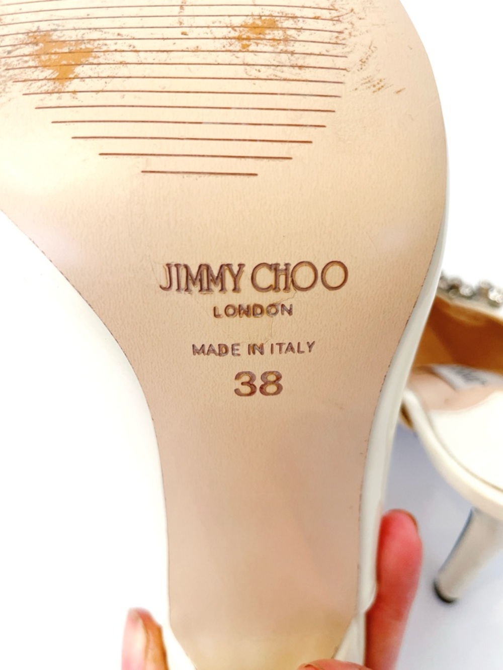 Jimmy Choo Bing 100MM Embellished Patent Leather Mules Ivory Crystal womens 7 38 - Picture 7 of 10